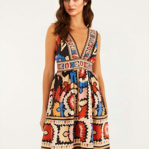 Printed V-Neck Sleeveless Mini Dress