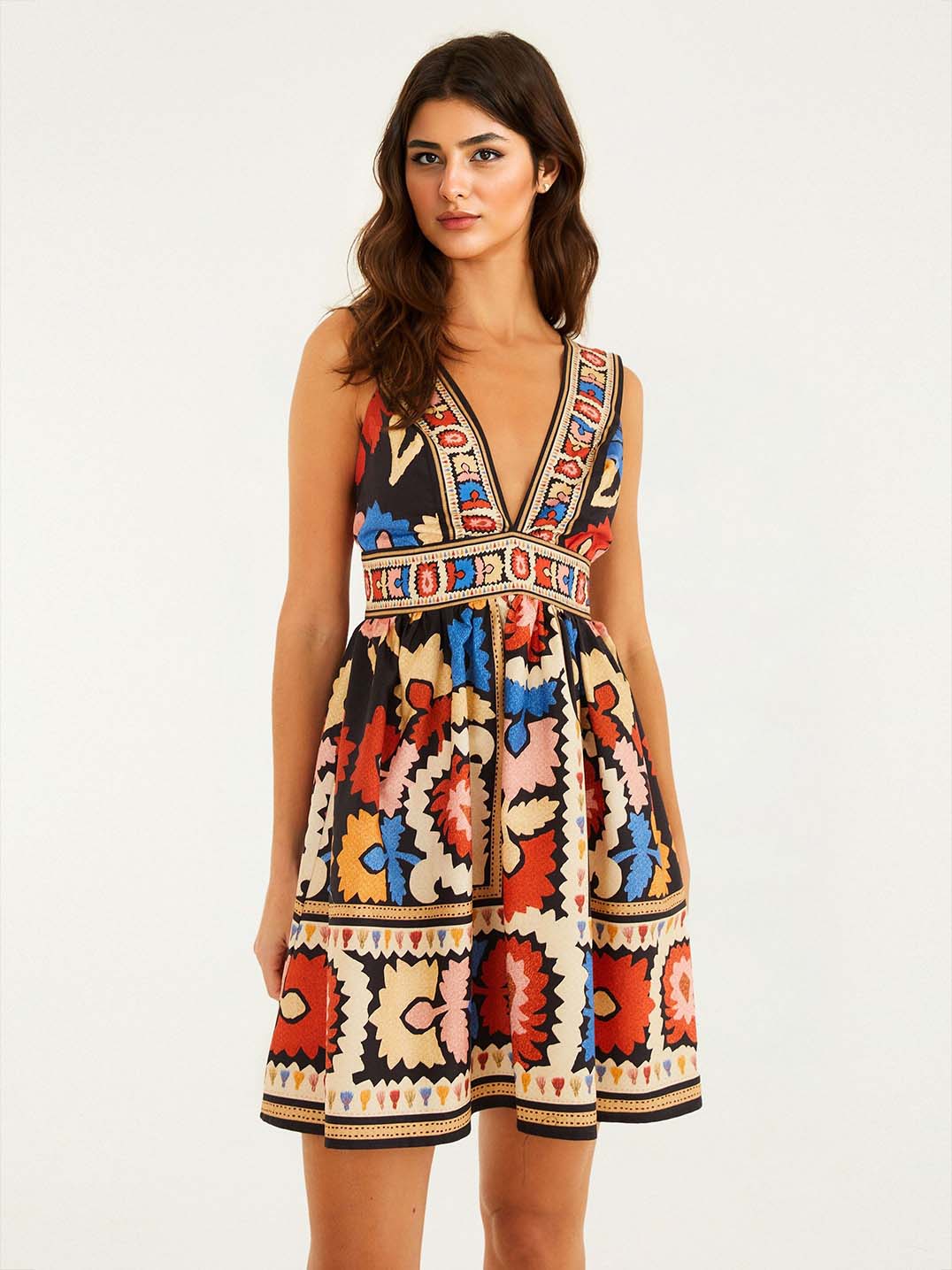 Printed V-Neck Sleeveless Mini Dress