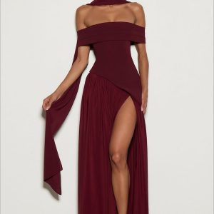 Asymmetric Neck Elegant Maxi Dress