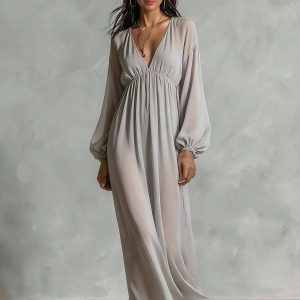 V-Neck Long Sleeve Maxi Dress