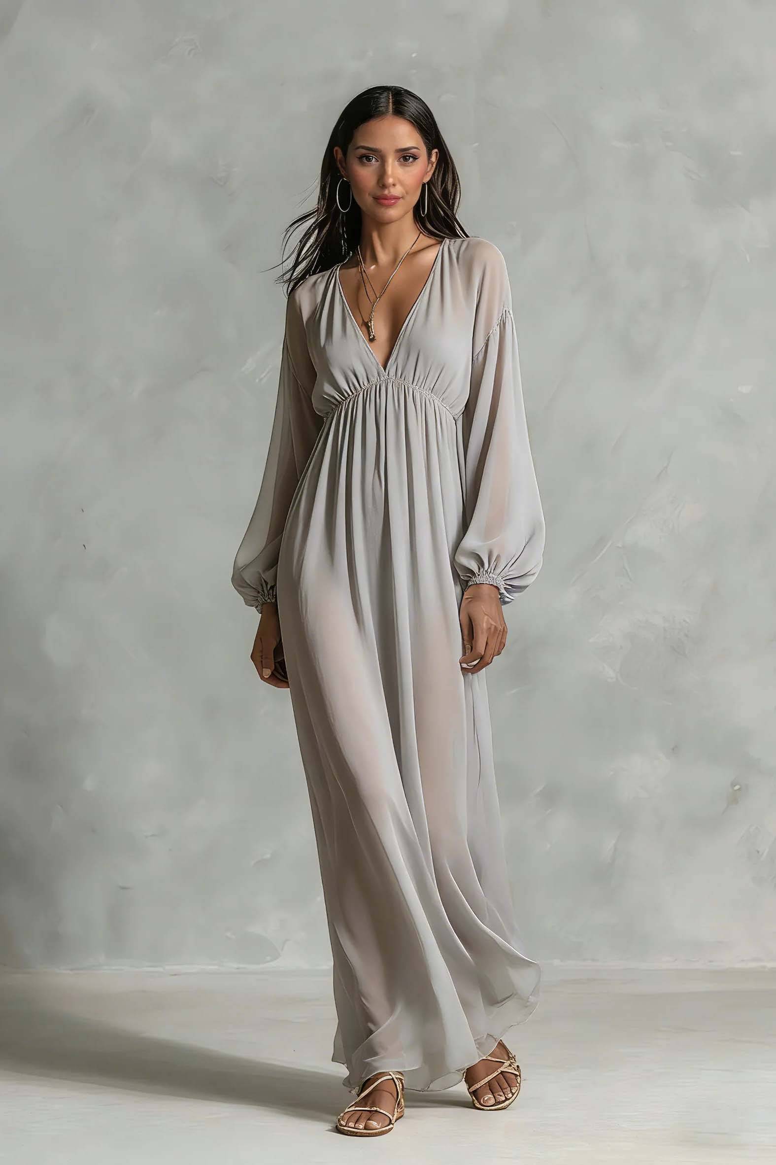 V-Neck Long Sleeve Maxi Dress