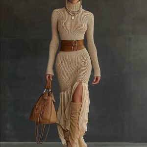 Knit Asymmetric Neck Elegant Midi Dress